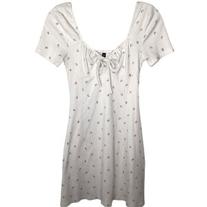 H&M Divided Dress Sz S White Mini Milkmaid Babydoll Y2K Floral Stretchy Coquette